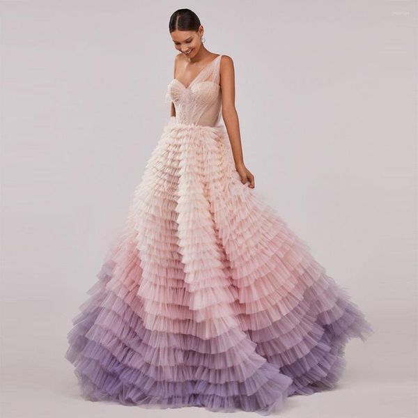 Abiti da festa Sevintage Colorful Tiered Ruffled Tulle Prom Perline Piega di cristallo Increspato Abiti da sera lunghi Abito da sposa 2023