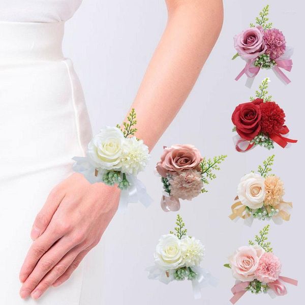 Fiori decorativi 5 colori corsetto da polso sorelle damigella d'onore fiore fatto a mano rosa di seta artificiale braccialetto per decorazioni per feste di ballo di nozze