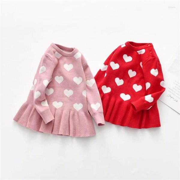 Vestidos de menina Primavera Autumn Dress Vestido de coração Impressão de lã Sweater 2023 Tops do Dia dos Namorados 18M-5T Pullovers de crianças fora