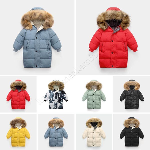 2024 Winter Kids Down Coat Jacke Jacke Jungen Mädchen Baby Oberbekleidung Warm Greatcoat Jacken Kapuze Sportswear Outdoor Classic Wrap 5 Farben 100-160 Designe