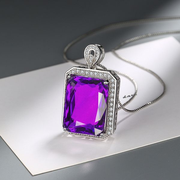 Euro-amerikanischer Stil, quadratischer Amethyst-Anhänger für Mädchen, Zirkon-Diamant, weiß vergoldet, geometrisch, lila, süßer Anhänger, Mode, Hochzeit, Party, Schmuck, Geschenk