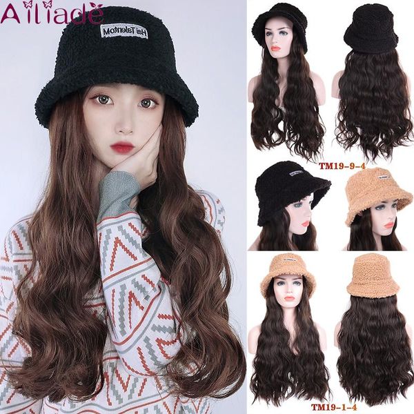 Chapéus largos de chapéu ondulado comprido Wig Black Brown Multicolor com e luxuoso pescador de conexão natural fêmea sintética Cap