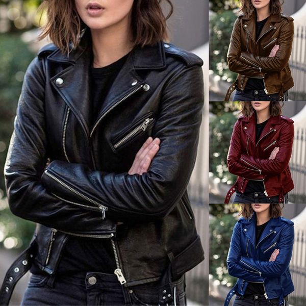 Casacos de trincheira feminina Solid Fall Women Bike Coat Faux Leather Outwear Zipper Roupa Spring Autumn Wome Moda Short Film Casaco feminino 230114