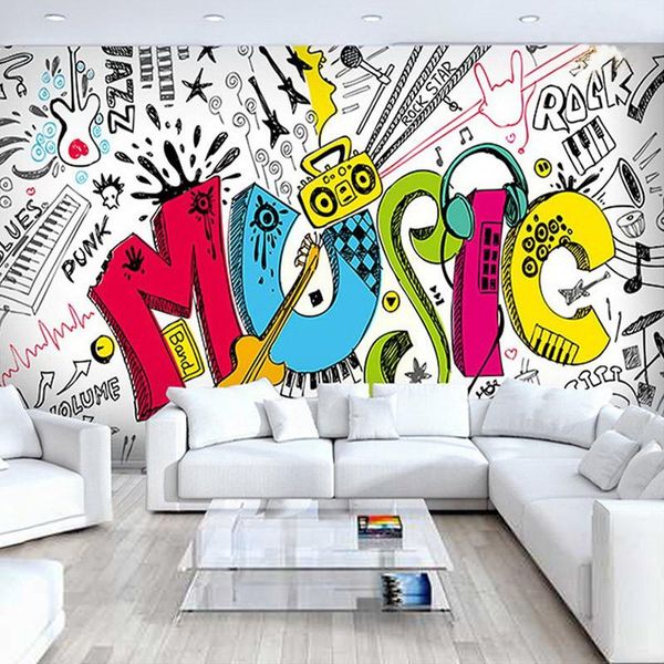 Обои Современная творческая музыкальная тема Po обои 3D граффити настенная роспись гостиная КТВ детская спальня фон ткань художественный декор