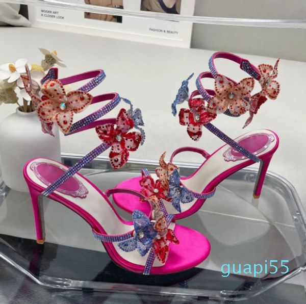 Fuchsia Rom Sandalen Top Qualität Serpentine 9,5 cm hochhackige Schuhdesigner Kristall Strass Blumendekoration Stiletto Damen Sandale 4-12