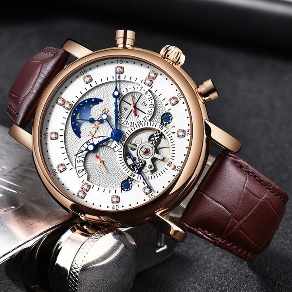 Orologi da polso LIGE 2023 Orologio meccanico da uomo Business Top Brand Pelle con diamanti in cristallo Orologi con movimento cavo Tourbillon originali