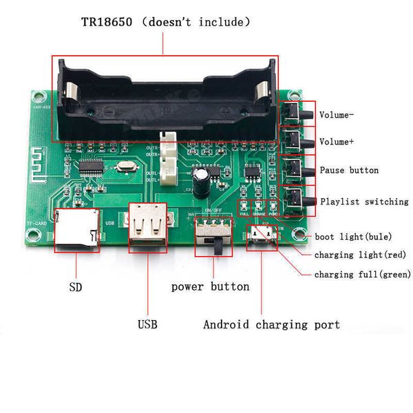 PAM8403 5W 5W Çift Kanallı Kablosuz Dijital Bluetooth Alıcı Ses Stereo Amplifikatör Modülü 18650 Şarj Kartı DC 5V