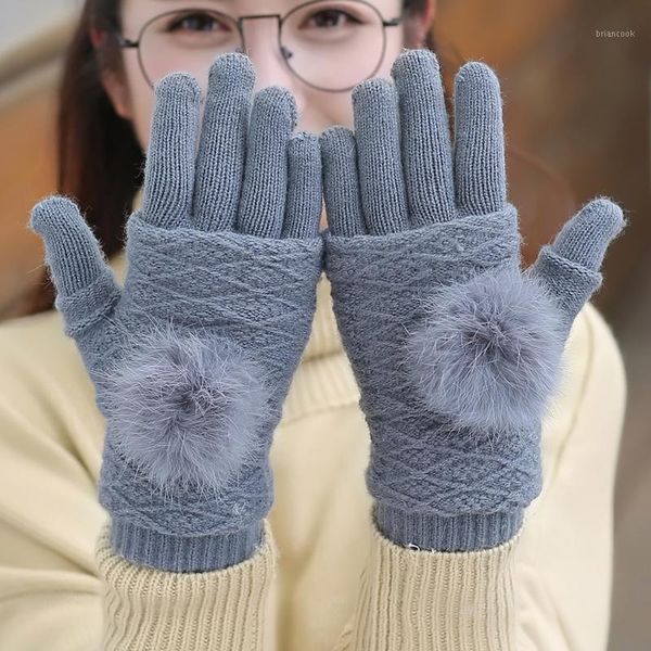 Luvas de cinco dedos Luvas Mittens Autumn e Winter Wool Feminino Versão coreana Luvas de malha de malha de espessura fofas1