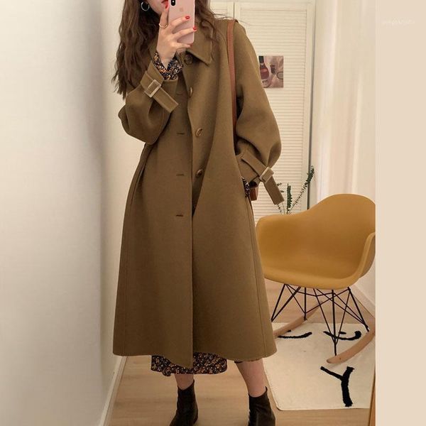 Cappotto da donna in misto lana di lana stile coreano sciolto Harajuku da donna autunno finto cashmere lungo inverno