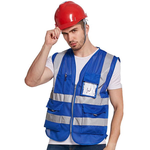 Gilet riflettente Gilet di sicurezza da uomo in rete blu ad alta visibilità con strisce riflettenti Abbigliamento da lavoro da costruzione Lavorando con gilet riflettente