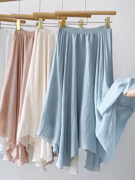 Gonne Summer White Cotton Linen Irregualr Long Women Big Flare Swing Mid-calf High Low Solid FemaleGonne