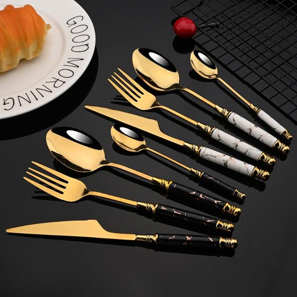 Set di posate 4/8/16Pcs Set di stoviglie in oro nero in ceramica Posate in acciaio inossidabile Forchetta Cucchiaio Coltello Cena Posate da cucina