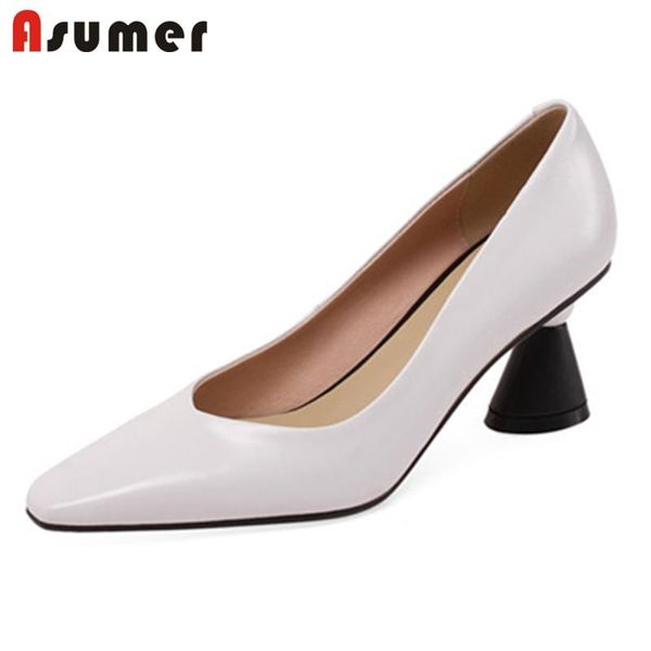 Scarpe eleganti Asumer 6cm Strani tacchi alti da donna in vera pelle punta quadrata slip on pompe da donna da ufficio di alta qualità