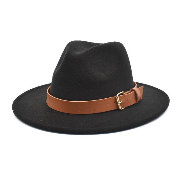 Chapéus de aba larga Spring Autumn Feminino Cap para homens Fedoras Feel Black Bowler Hat Fashion 2023Jazz Europeu American Metal Buckle Sun