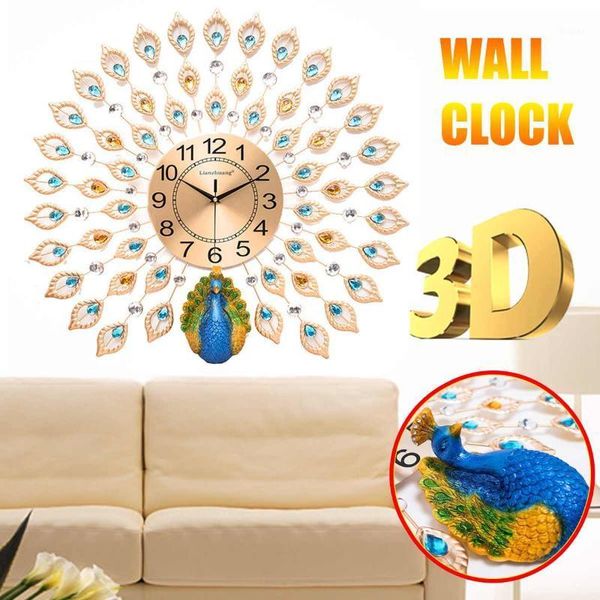 Relógios de parede grandes 3D Diamond Crystal Quartz Peacock Watch Design Moderno Europeu para Decoração da sala de estar em casa Relógio silencioso1