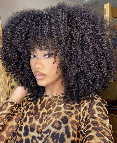 Parrucche ricci crespi afro crespi veri umani senza colla con frangia per donne nere macchina completa fatta Kinki afro pixie curl Parrucca per capelli Nessuno pizzo 150% densità all'ingrosso DIVA1