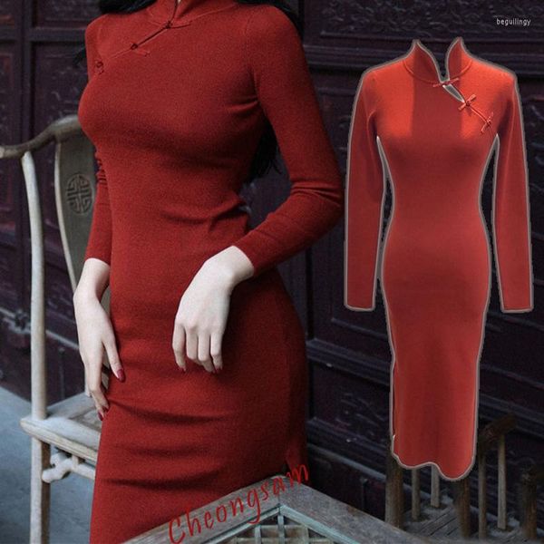 Roupas étnicas Sexy Shanghai Chinês Cheongsam Tradicional para Mulher Slim Knit Qipao Vestage Vestage Partido de Cabelo de Cabelo de Manga Longa