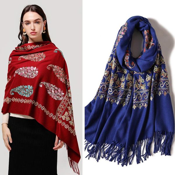 Scarves 2023 Winter Cashmere Scarf For Women Leaf Embroidery Pashmina Hijab Tassel Fashion Lady Shawls Wraps Thick Warm Stole