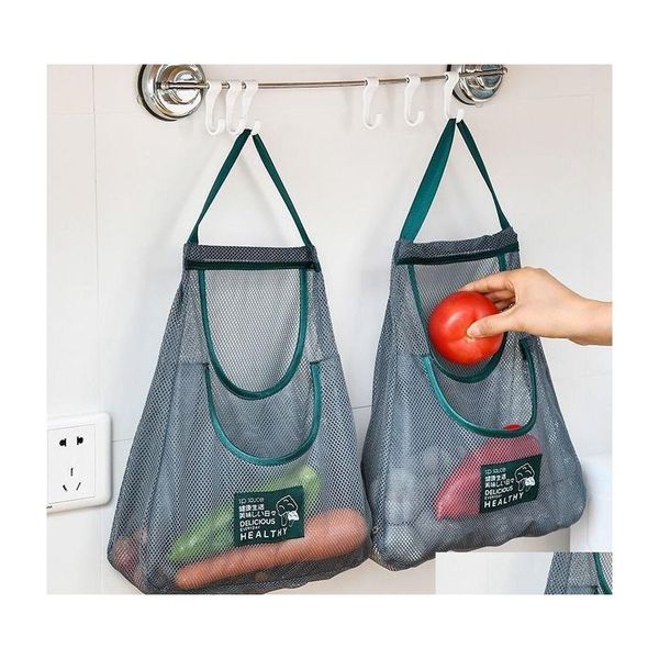 Aufbewahrungskörbe tragbare wiederverwendbare Einkaufsbeutel waschbarer Mesh Obst Gemüse Shop String Hängende Beutel Küche Organizer Handtasche Drop Dh3qo