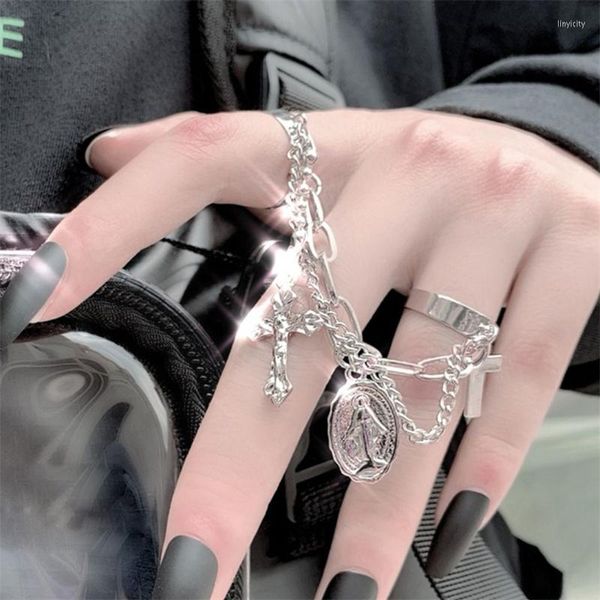 Anéis de casamento Punk Cross Finger Chain For Women Ring Set Tassel Butterfly Joia Ladies Fashion Hiphop