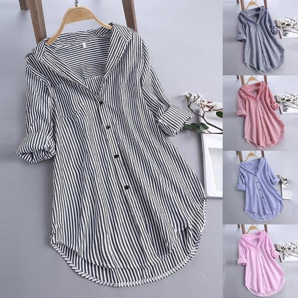 Camicette da donna Taglie forti Camicie a tunica da donna Camicetta a righe Primavera Autunno Donna Camicia a maniche lunghe con scollo a V a bottoni grandi Blusas 5xl