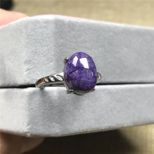 Toca de cluster jóias de anel de charoite roxo natural para mulher curando amor presente de cristal pedra 12x9mm miçangas prateadas ajustáveis