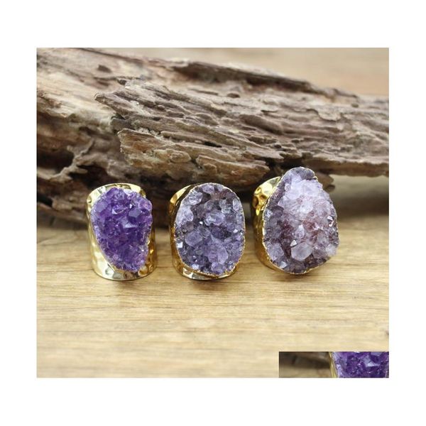 Cluster Anelli Irregar Ametiste Geode Quarzo viola dorato Minerale Druzy Drusy Anello regolabile Moda Uomo / Donna Gioielli Dropship Qc4091 Dhxcp