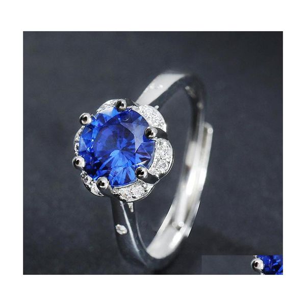 Cluster Ringe Mode Klassische Blaue Kristall Saphir Edelsteine Diamanten Für Frauen Weißgold Sier Farbe Schmuck Bague Zubehör Dro Dhaoj