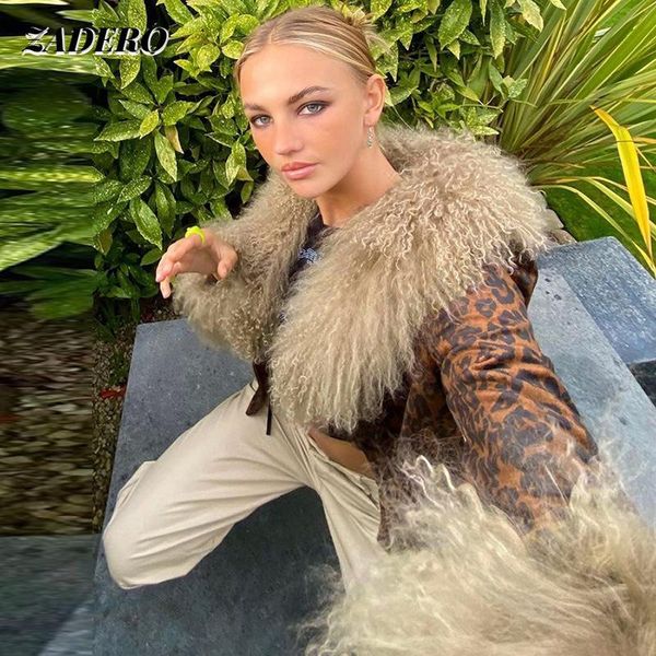 Женские куртки Y2K Leopard Print Женщины 2023 зимний искусственный мех воротник с длинными рукавами.
