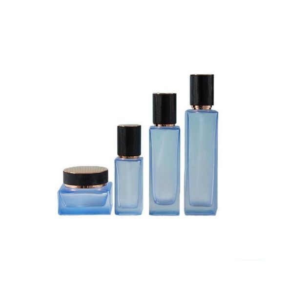 Verpackungsflaschen 40 ml 100 ml 120 ml leere quadratische blaue Glaslotionpumpe 50g Kosmetikdosen nachfüllbare Reisespenderbehälter mit B Ottgq