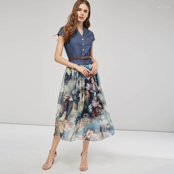 Vestidos casuais 2023 Verão Retro Denim Style Mulheres vestem estampas florais emenda midi sleevele deco