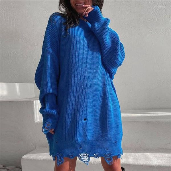 Kadın Sweaters Örme Süveter Kadınlar Yırtık delikler O boyun rahat gevşek uzun kollu kazak katı bayanlar jumper sokak kıyafeti bahar femme