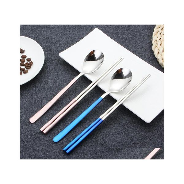 Besteck-Sets 18/10 Koreanischer Edelstahl Essstäbchen Löffel Set Langer Griff Rutschfeste Dessertlöffel Geschirr SetFlatware Drop Deliv Dhxnc