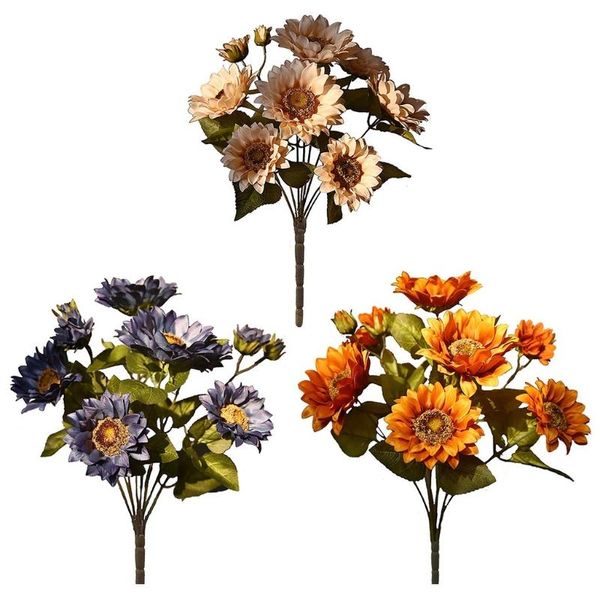 Ghirlande di fiori decorativi Girasole artificiale Stile rustico di pittura Fiore realistico di simulazione di seta per bouquet di nozze