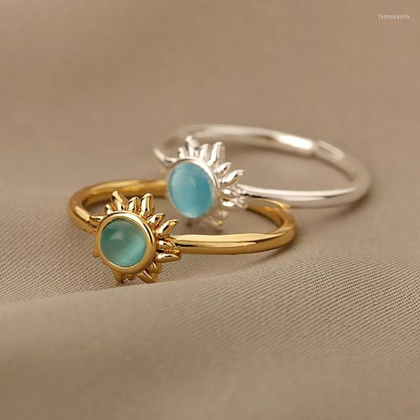 Anéis de casamento boho vintage girassol ring blue opal no engajamento para mulheres de punho de punho de punho aberto