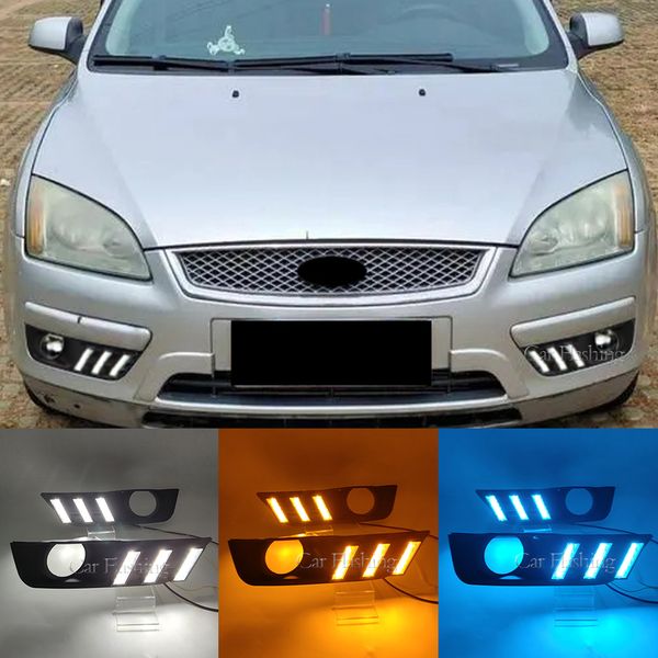 1 Definir DRL para Ford Focus 2005 2006 LED diurna Luzes de luz do dia de neblina Tampa de lâmpada com sinal de giro amarelo