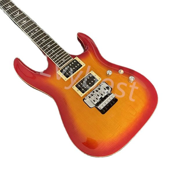 Lvybest E-Gitarre Maßgeschneiderte Double-Rocker-E-Gitarre mit rotem Ring und gelbem Korpus mit integriertem Piano-Palisander-Finger