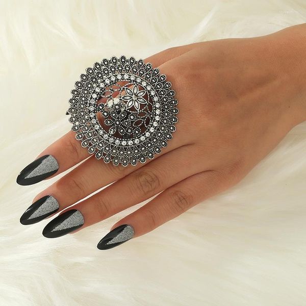 Anéis de casamento vintage Antique Big Silver Color Mulheres-Midi-Rings Grated Flower Padrão de Festa Retro Ring Ring Feminino Estilo