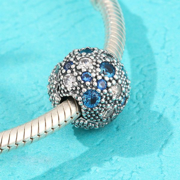 Clip-Stopper-Perle aus 925er-Sterlingsilber, blaue kosmische Sterne, passend für europäische Schmuck-Charm-Armbänder im Pandora-Stil