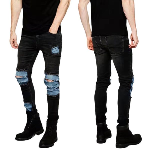 Мужские джинсы Негабаритный 3XL мужской мужчина 2023 Скинни -джинсовые штаны Случайный конический цветовой блок ноги с разорванными отверстиями