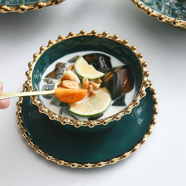 Ciotole Bordo placcato oro Ciotola in ceramica color smeraldo Stoviglie in porcellana di lusso Per la casa Insalata di frutta Piatti da cucina Utensili da cucina