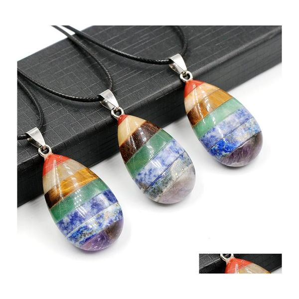 Anhänger Halsketten Natürliche 7 Chakra Heilung Amethyst Quarz Stein Wassertropfen Regenbogen Kristall Halskette Schmuck Für Frauen Yummyshop Drop Dhnqv