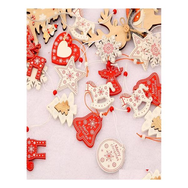 Decorazioni natalizie 12 Pz / scatola Fiocco di neve Renna Pendenti in legno Albero Ornamenti appesi per la casa Regalo per bambini Noel Navidad Drop Deliv Dh5Tq