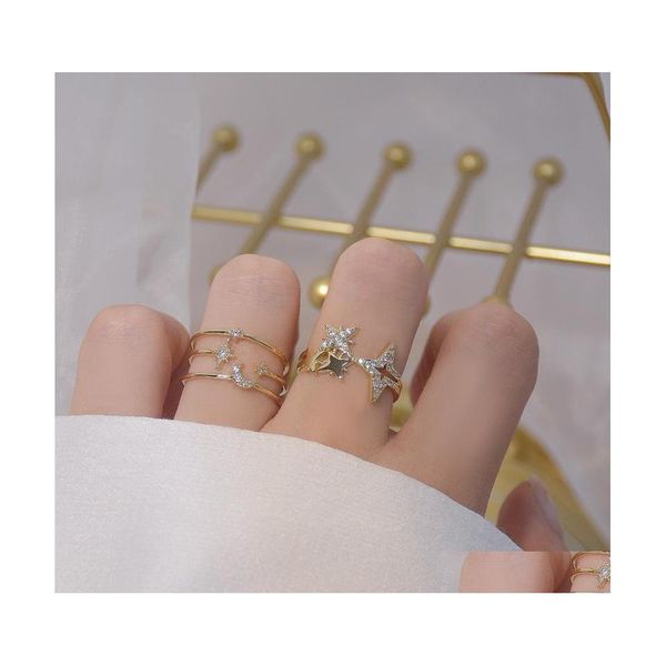 Ringos de cluster Rom rom￢ntico Sun Moon Star Shining Zircon Ring para menina Design aberto Ajuste Fashion requintado 14K J￳ias de ouro reais Dro dhybt