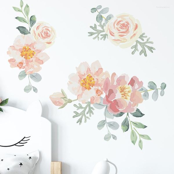 Adesivi murali Dipinti a mano Fiori ad acquerello Peonia Rosa Foglie verdi Decalcomanie per soggiorno Camera da letto per bambini Decorazioni natalizie