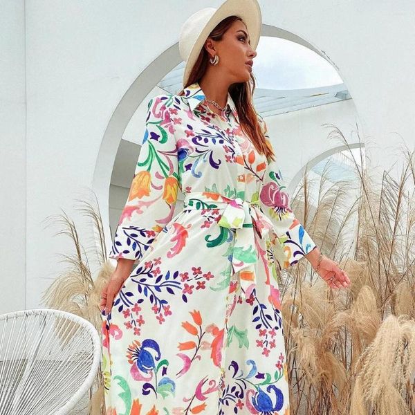 Casual Kleider Ueteey 2023 Sommer Frauen Vintage Totem Blumendruck Kleid mit Bogen Weibliche Schärpen Midi Hemd Chic Slim Vestido