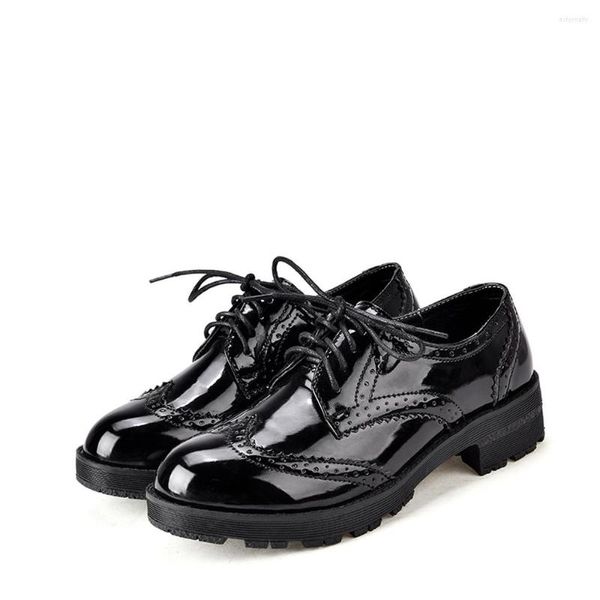 Scarpe eleganti da donna romane brogue creepers stringate tacco alto casual gotico nero oxford punta rotonda retrò in pelle verniciata 2023