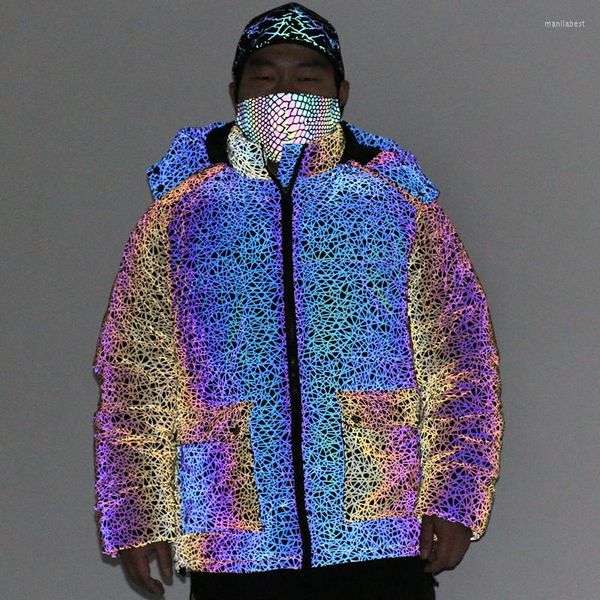 Piumino da uomo 2023 Abbigliamento invernale Parka riflettente Giacca in cotone da uomo Cappotto caldo Strada Discoteca Hip Hop Danza Cappotto allentato con cappuccio