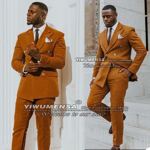 Мужские костюмы Blazers Spring/Anvuren Orange Men Skinny Double Breed Jacket с брюками 2 кусочки Set Groom Wear Man Business Blazer смокингы