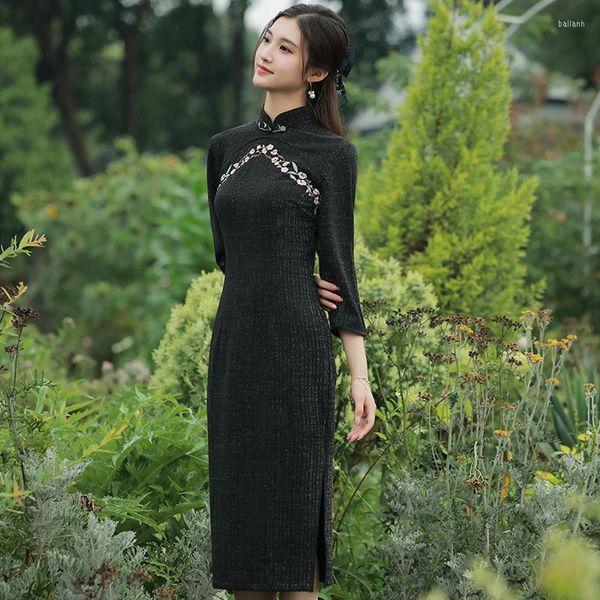 Etnik kıyafetler sheng coco kadınlar siyah örgü işlemeli Çinli elbiseler uzun kollu cheongsam geliştirilmiş ince moda oryantal qipao